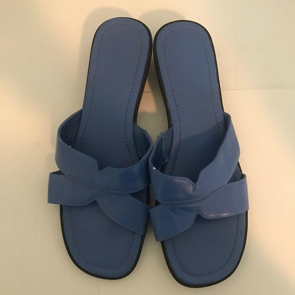 Womens Light Blue Periwinkle Leather Slip-On Slides Sandals Size 10